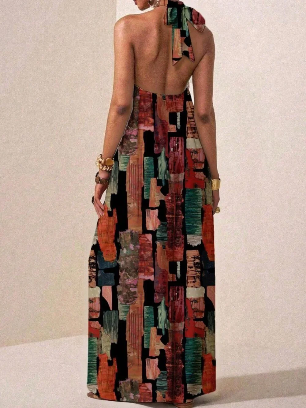 Multicolor Boho Women's Backless Knot Split Thigh Halter Loose Wide Leg Jumpsuit